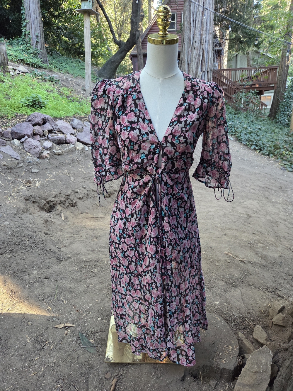 The Kooples Paris Floral Sheer Tie-Waist Midi Wrap Dress - Pink/Black